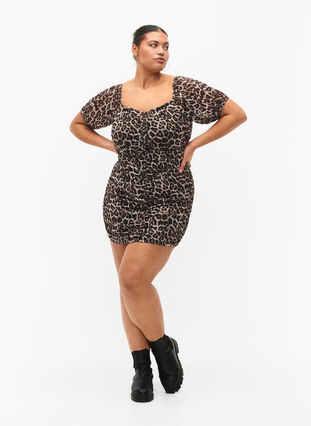 Short mesh dress with leopard print, Leo, Model image number 4