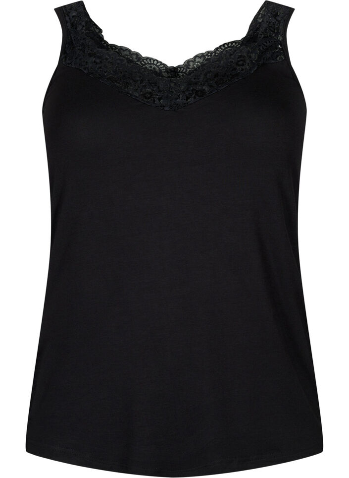 Viscose top with lace edge, Black, Packshot image number 0