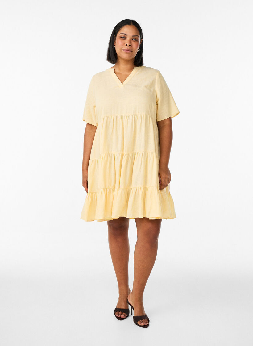 Knee-length A-line dress in linen and viscose, Yellow, Model image number 1