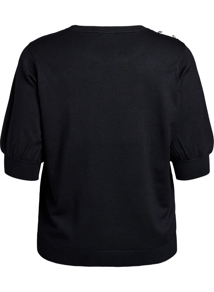 Knitted blouse with short sleeves and small bows, Black, Packshot image number 1