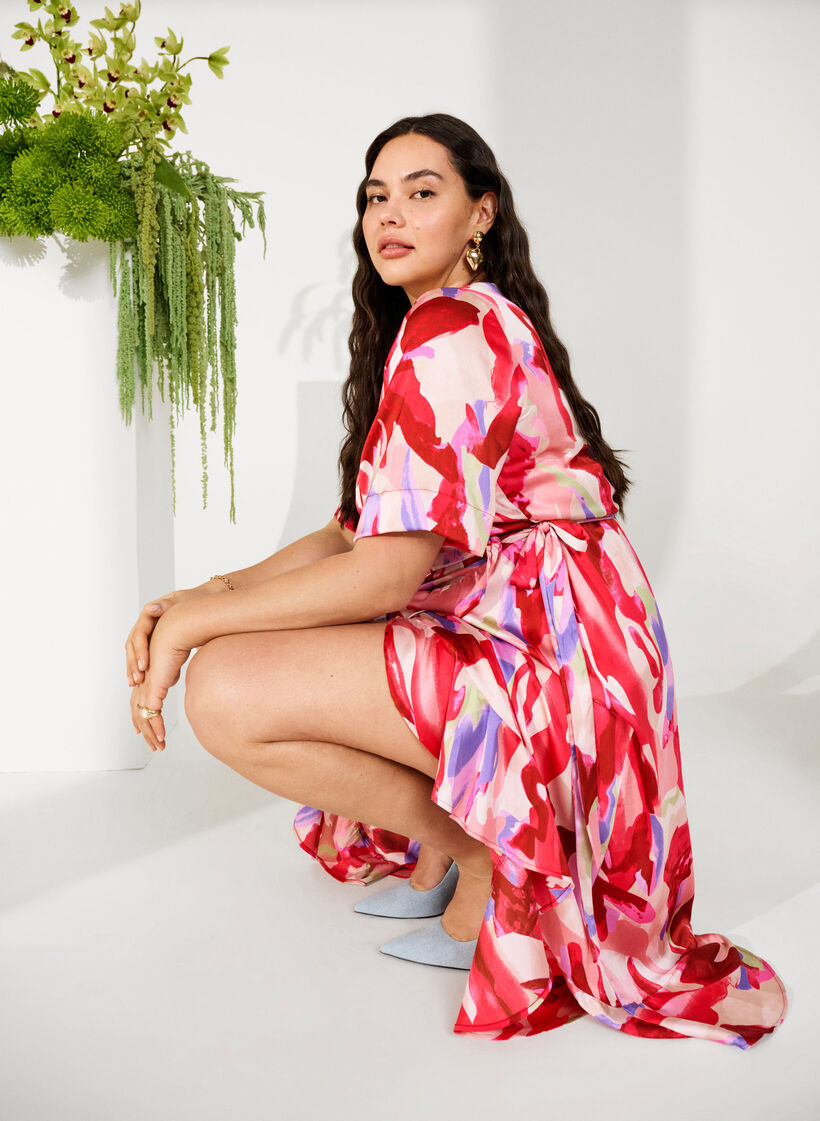 Satin wrap dress with print, Geranium Graphic AOP, Image image number 0