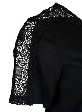 Short-sleeved blouse with lace and v-neck, Black, Packshot image number 3