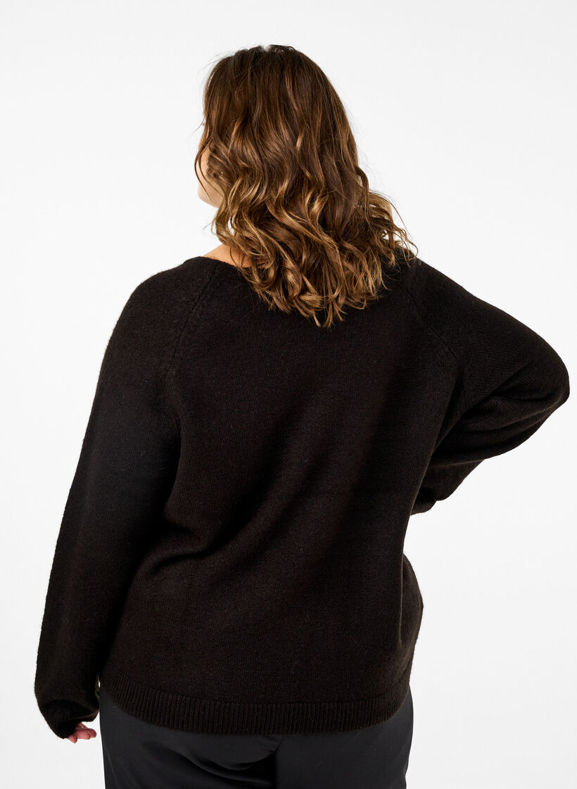 Loose-fitting knitted blouse with round neck, Black, Model image number 1