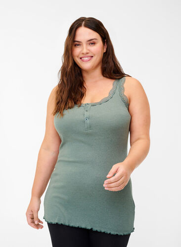 Ribbed tank top with lace and buttons, Balsam Green, Model image number 0