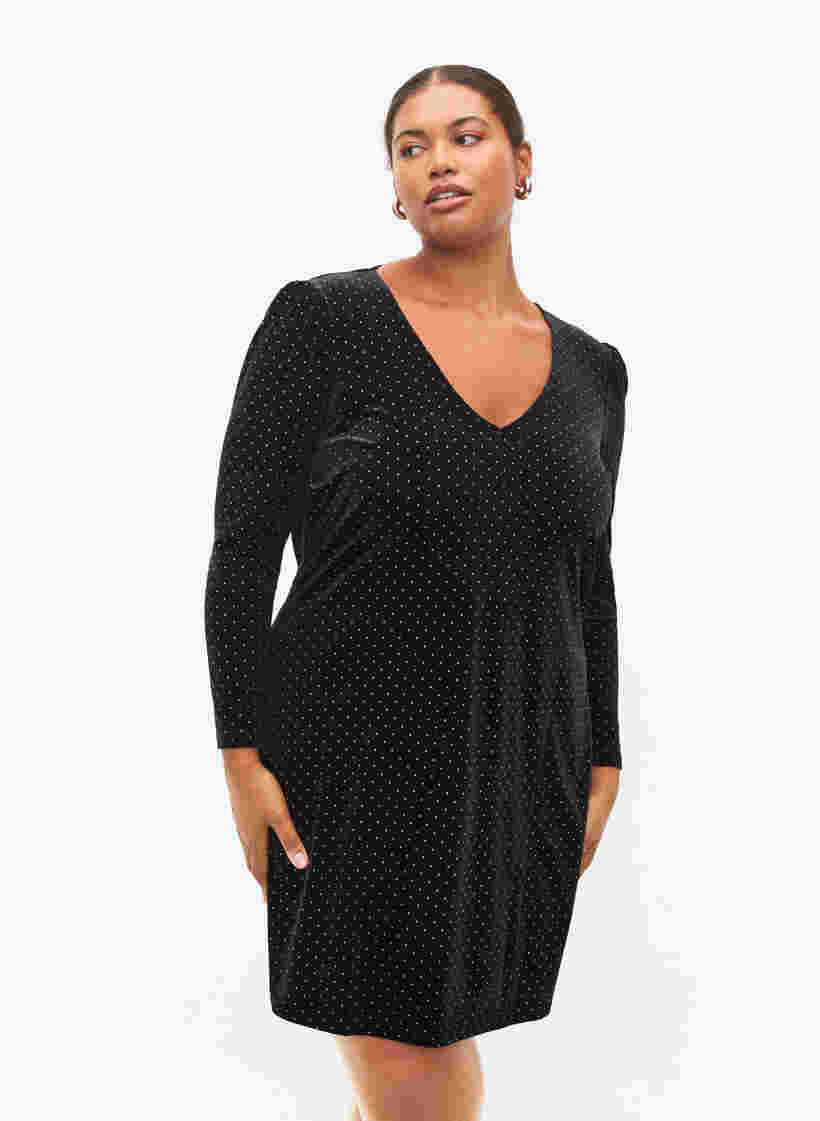 Long sleeve velvet dress with stones, Black w. Gold, Model image number 0