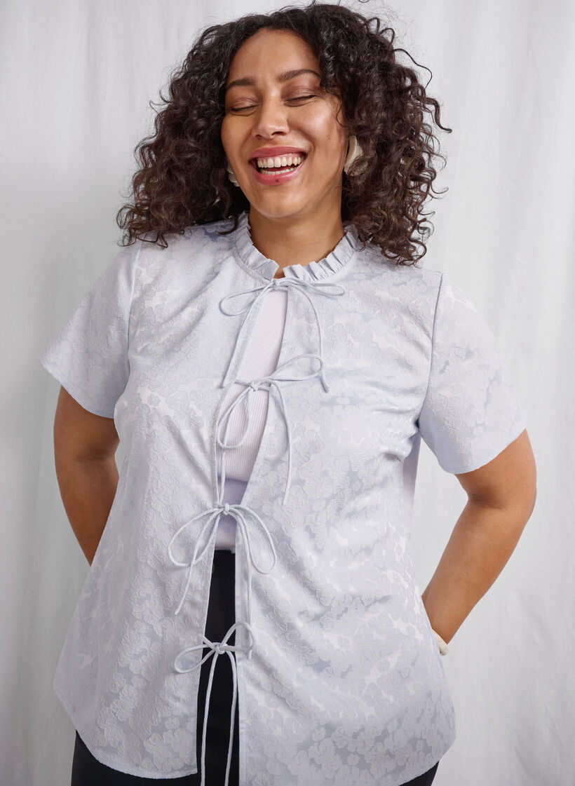 Short-sleeved jacquard blouse with ties, Light Blue, Image image number 0