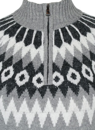Jacquard patterned knitted jumper with high neck and zipper, Dark Grey Mel. Comb, Packshot image number 2