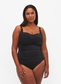 Quilted swimsuit with drapes, Black, Model