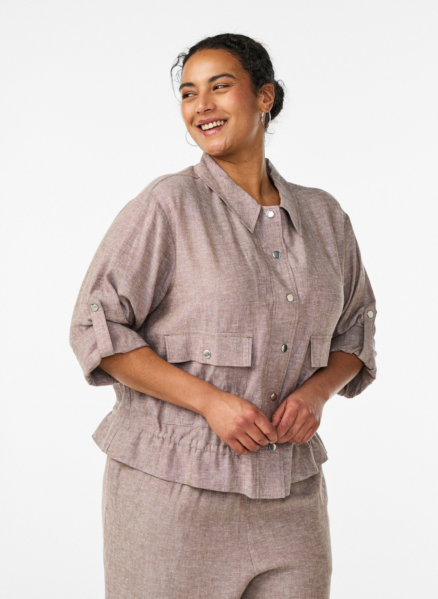 Zizzifashion Linen and viscose shirt blouse with an adjustable waist, Brown, Model image number 0