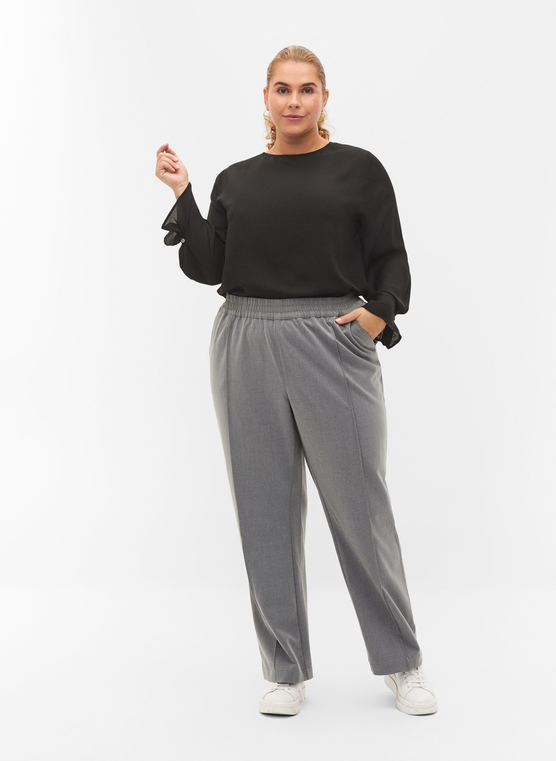 Zizzifashion Grey melange trousers with elastic waist, Medium Grey Melange, Model image number 0