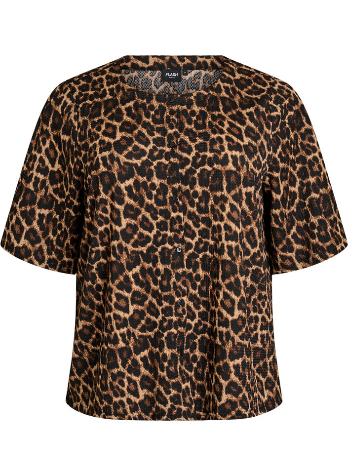 Short-sleeved blouse with texture and button fastening, Black, Packshot image number 0