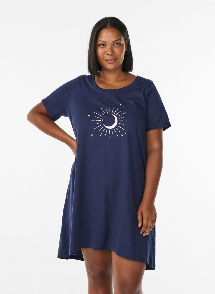 Short-sleeved nightgown in organic cotton, Blue, Model image number 0