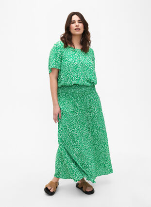 FLASH - Short sleeve viscose blouse with print, Bright Green Wh.AOP, Model image number 2