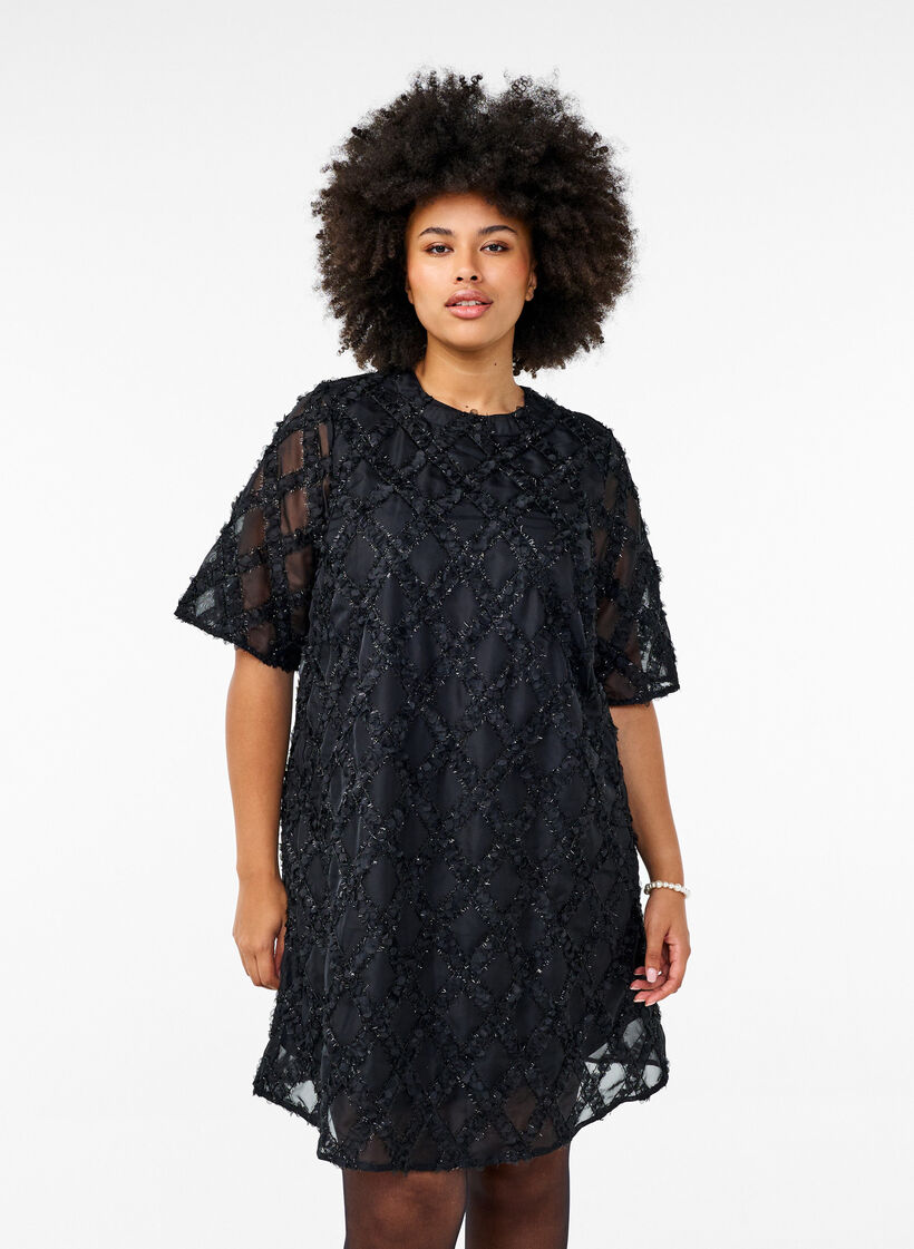 Short textured dress, Black, Model image number 0
