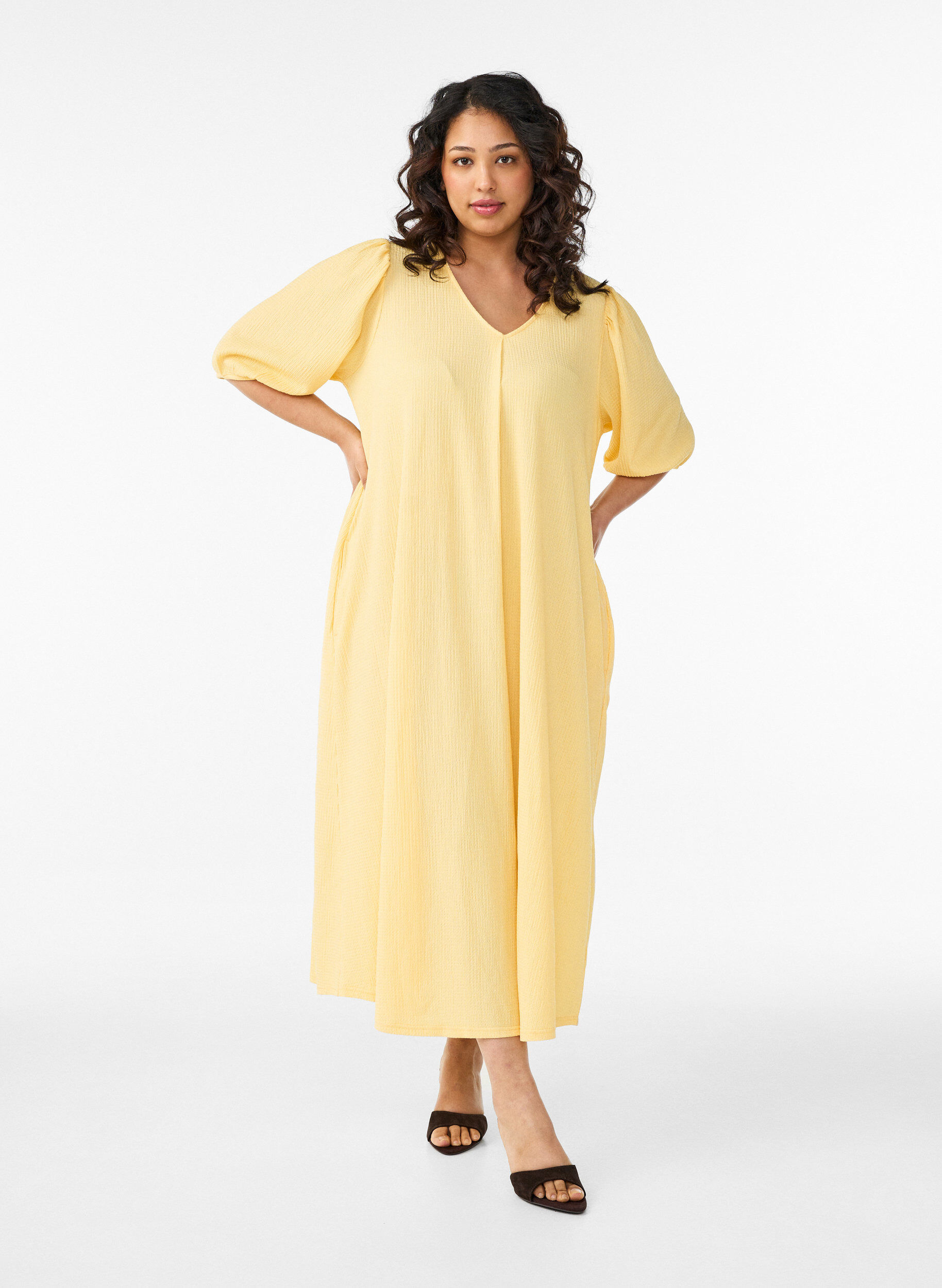ZizzifashionMidi dress with V-neck and texture, Yellow, Model image number 0
