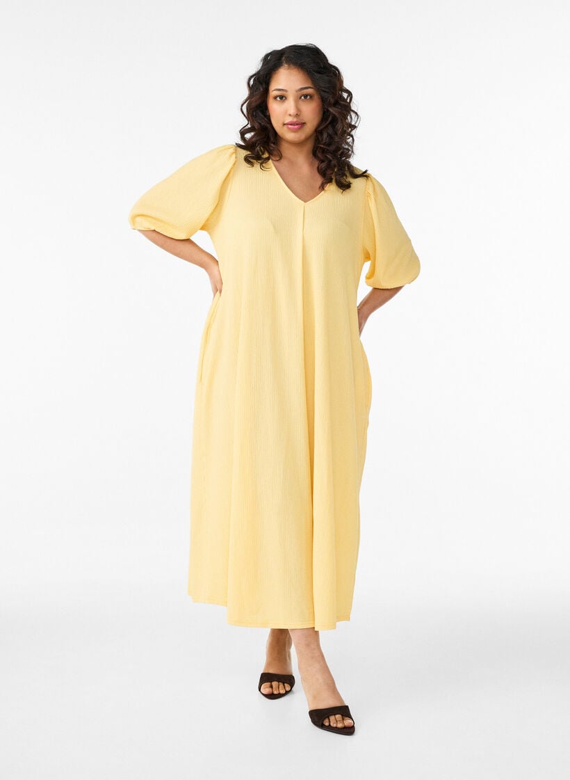 Midi dress with V-neck and texture, Yellow, Model image number 0