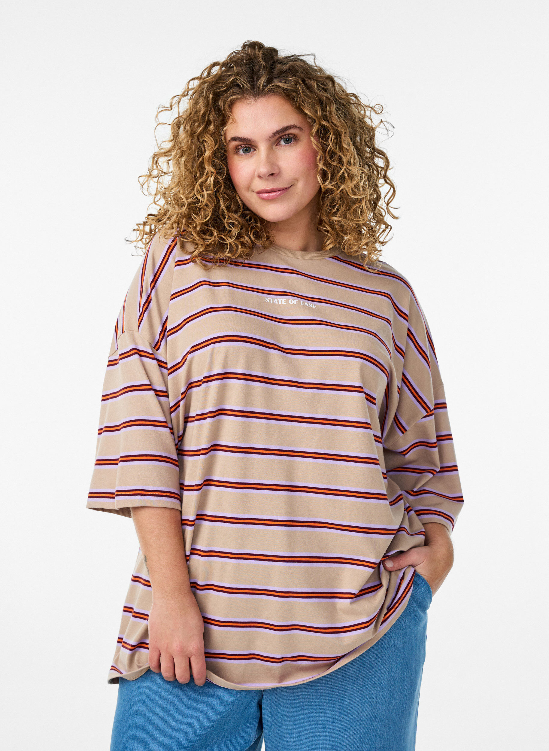 Zizzifashion Oversized T-shirt with stripes and 1/2 sleeves, Beige, Model image number 0