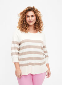 Striped viscose pullover with 3/4 sleeves, Birch/Simply Taupe, Model
