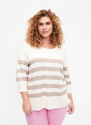 Striped viscose pullover with 3/4 sleeves, Birch/Simply Taupe, Model image number 0