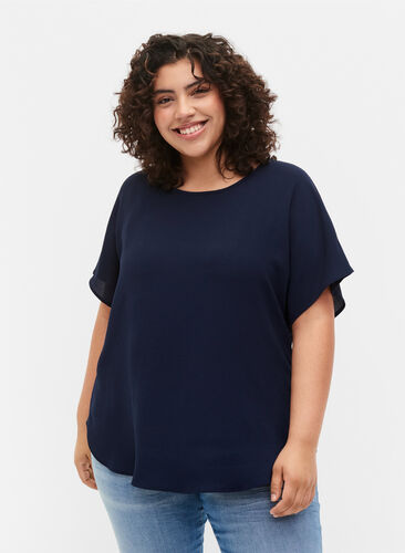 Blouse with short sleeves and a round neckline, Navy Blazer, Model image number 0