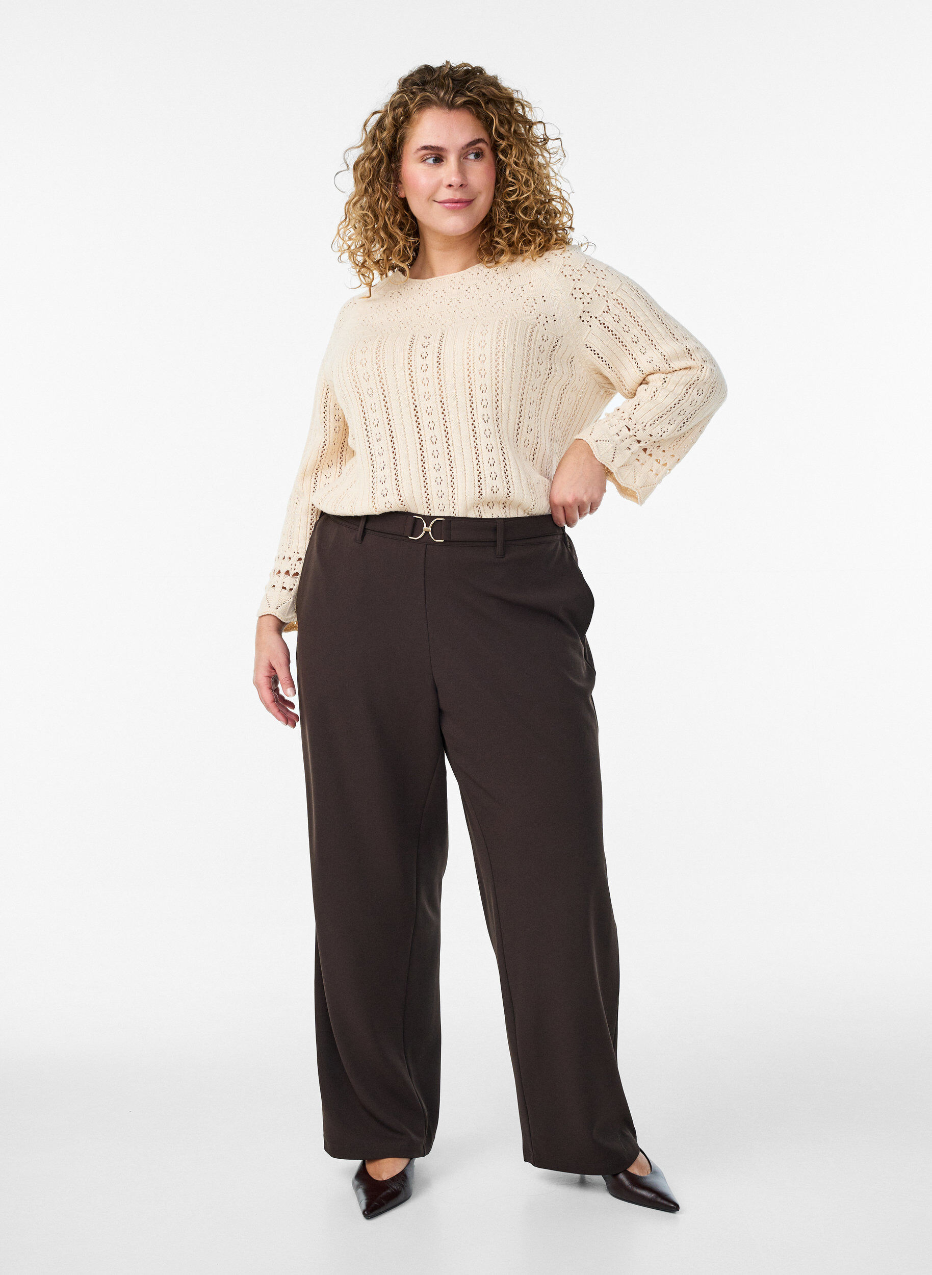 Zizzifashion High-waisted trousers with belt detail and gold buckle, Brown, Model image number 0