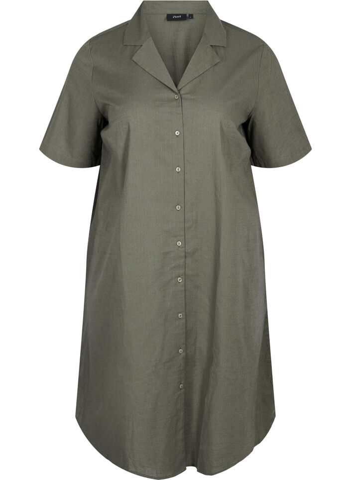 Long cotton shirt with short sleeves, Dusty Olive, Packshot image number 0