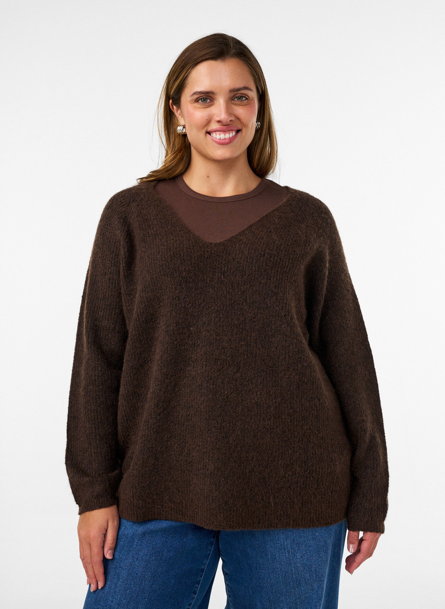 ZizzifashionKnitted blouse with V-neck and raglan sleeves, Brown, Model image number 0