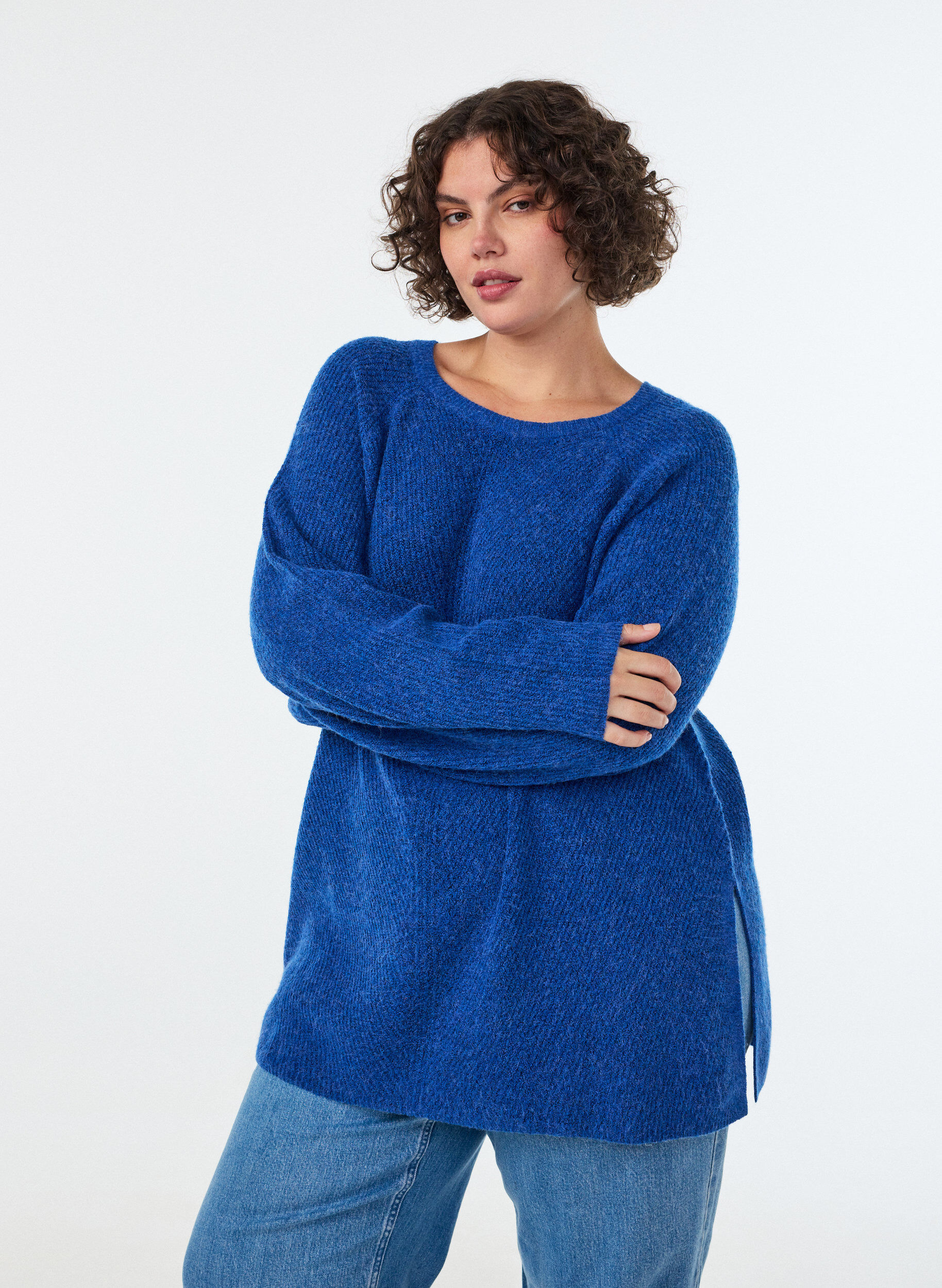 ZizzifashionKnitted jumper with a diagonal pattern and raglan sleeves, Blue, Model image number 0