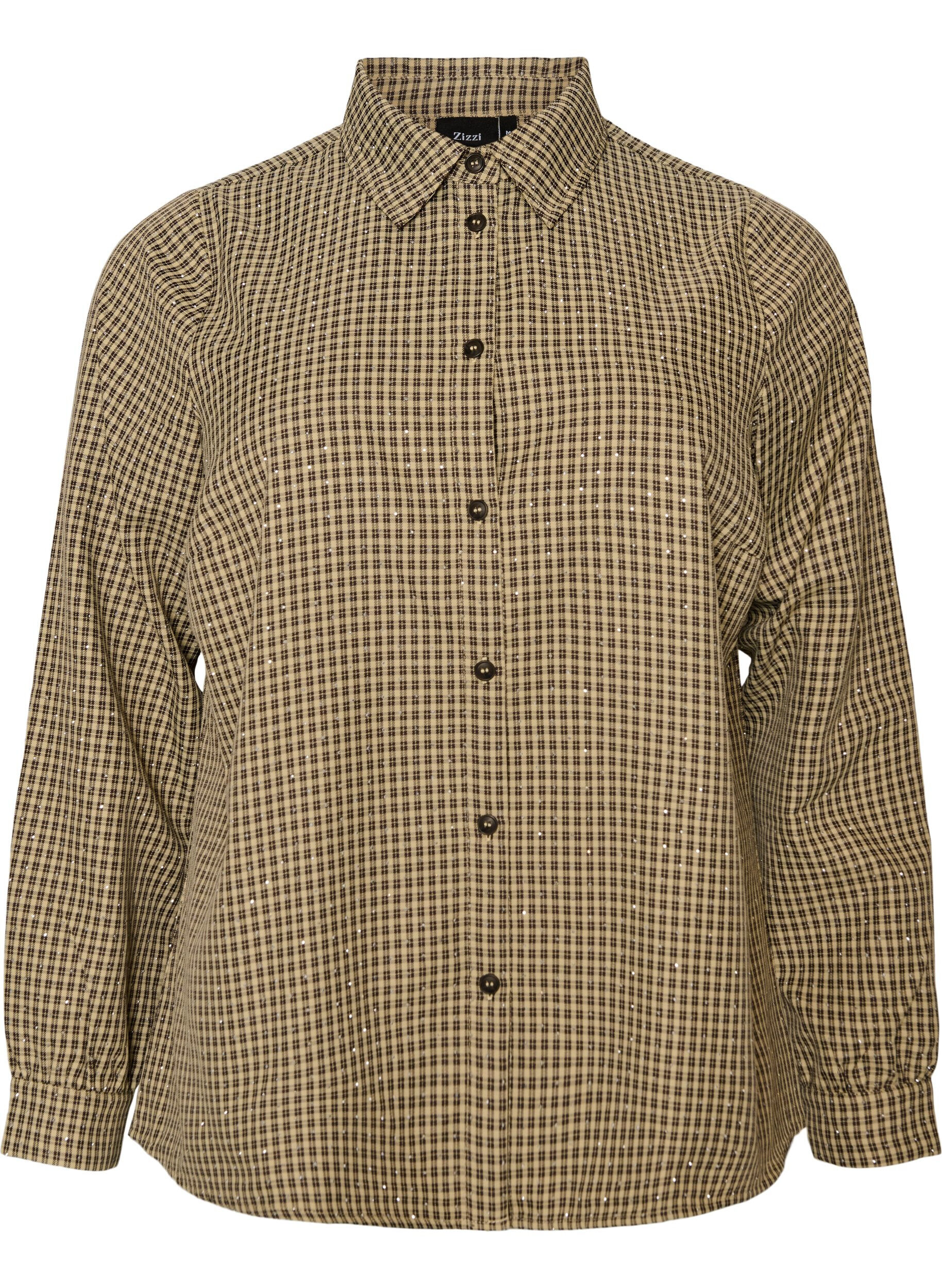 Shirt with small check pattern and rhinestones