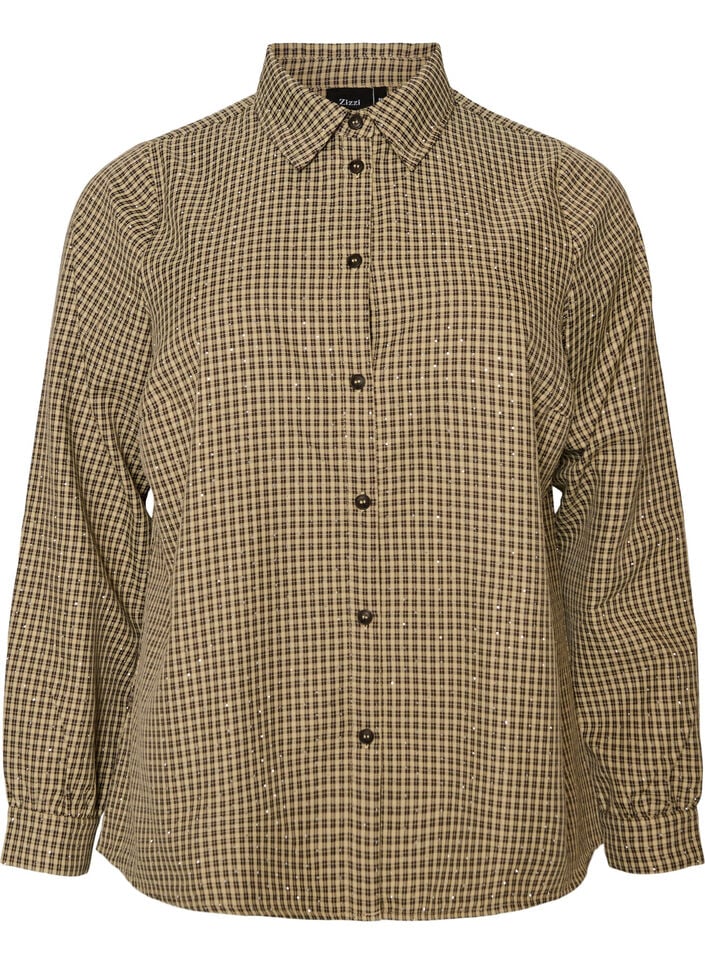 Shirt with small check pattern and rhinestones, Brown, Packshot image number 0