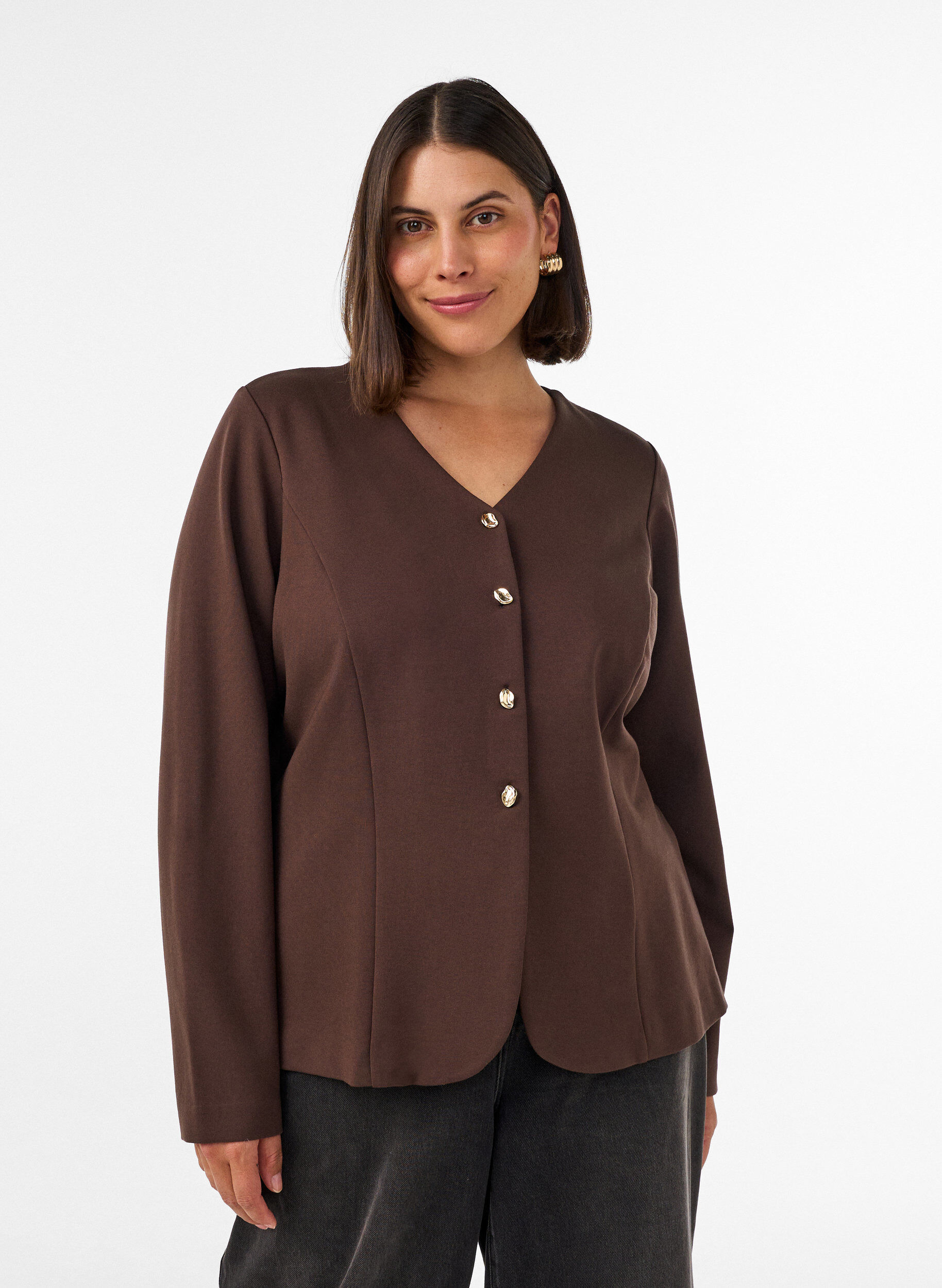 Fitted jersey cardigan with decorative buttons, Brown, Model