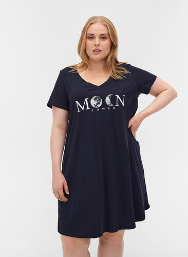 Short-sleeved cotton nightdress with print, Night Sky W. Moon, Model image number 0