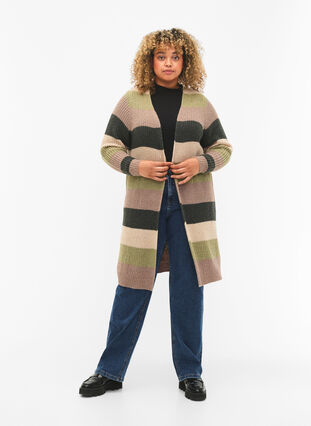 Long rib-knitted cardigan with stripes, Forest Night Comb, Model image number 2