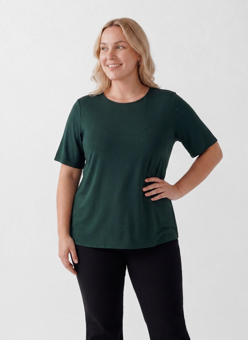 Short-sleeved woven blouse with round neck, Green, Model image number 0