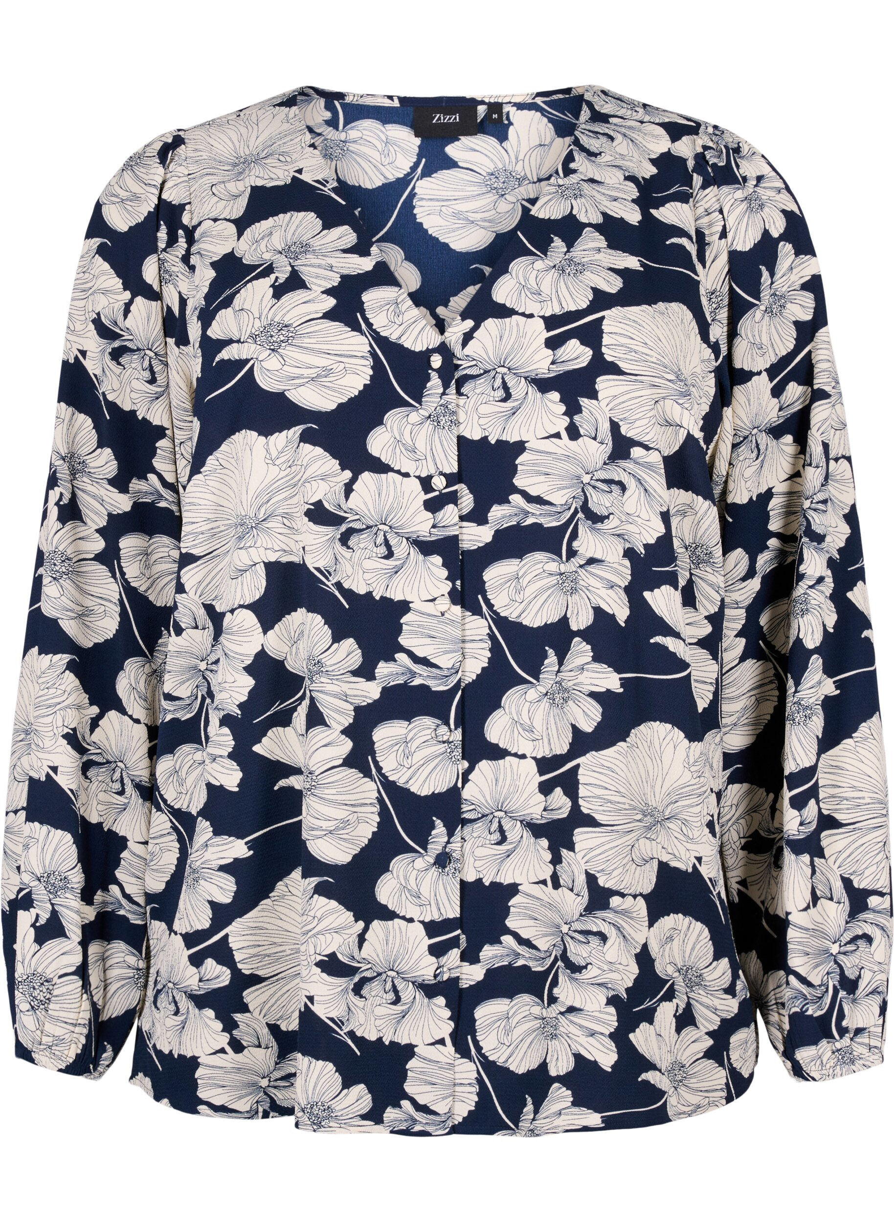 Zizzifashion Shirt blouse with v-neck and print, Navy B. Flower AOP, Packshot image number 0