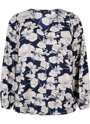 Shirt blouse with v-neck and print, Navy B. Flower AOP, Packshot image number 0