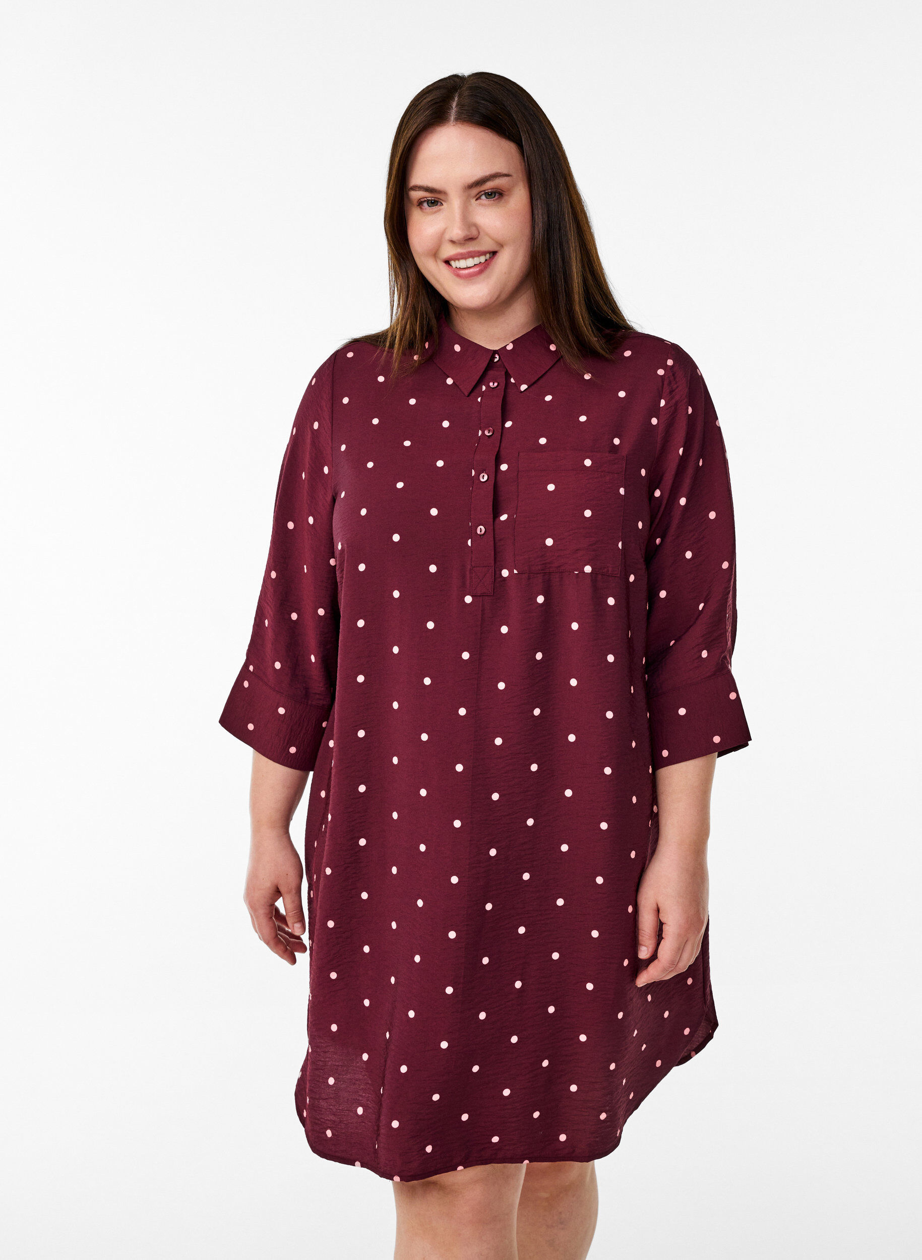 Short dress with collar and chest pocket, Red, Model