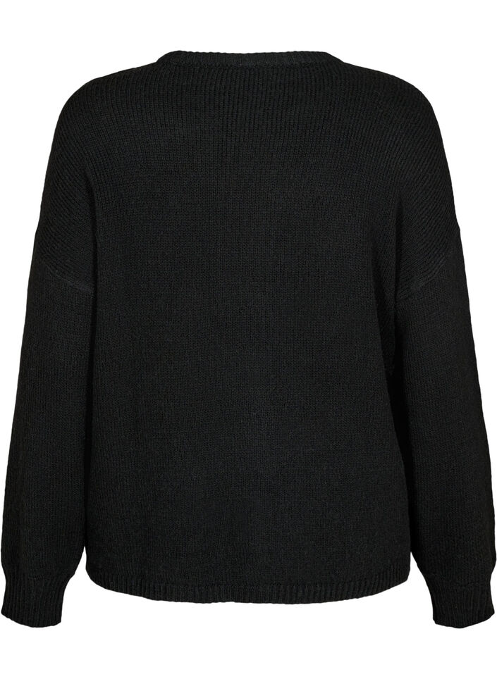 Long-sleeved knitted jumper with wool and a round neck, Black Solid, Packshot image number 1