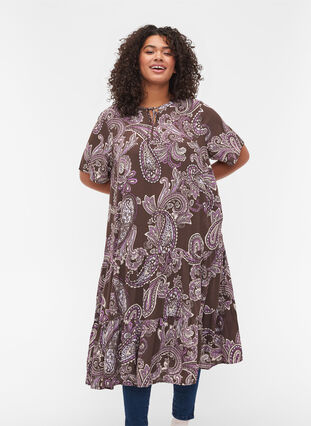 Short-sleeved viscose dress with print, Bracken Paisley, Model image number 0