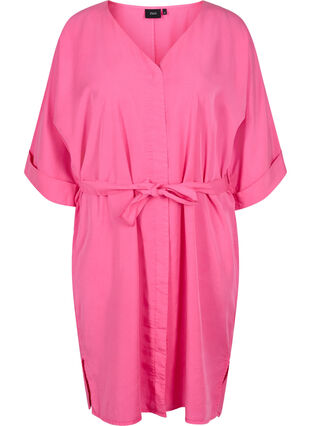 Dress with 3/4 sleeves and tie-belt, Shocking Pink, Packshot image number 0