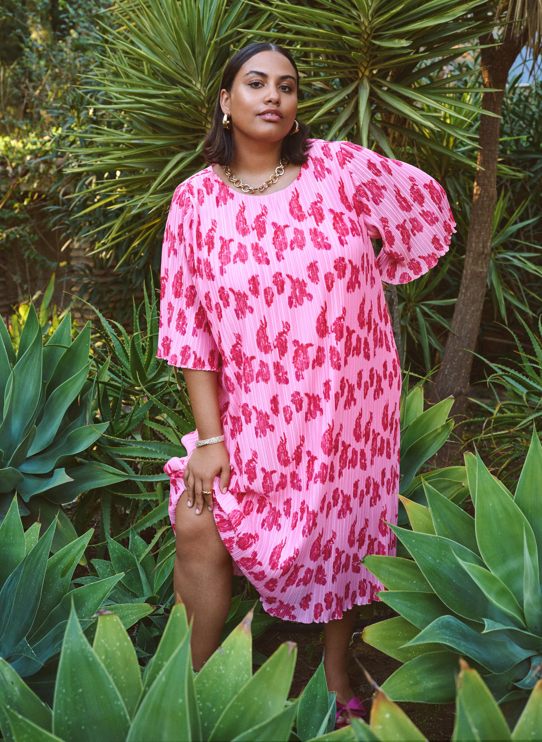 Zizzifashion Pleated dress with 3/4 sleeves, Rose, Image image number 0