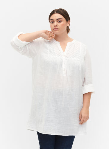 Tunic in cotton with embroidery anglaise, Bright White, Model image number 0