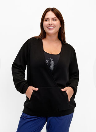Sweatshirt with v-neck and pocket, Black, Model image number 0