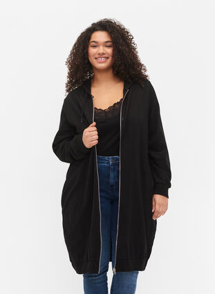 Long cotton sweat cardigan with hood, Black, Model image number 0