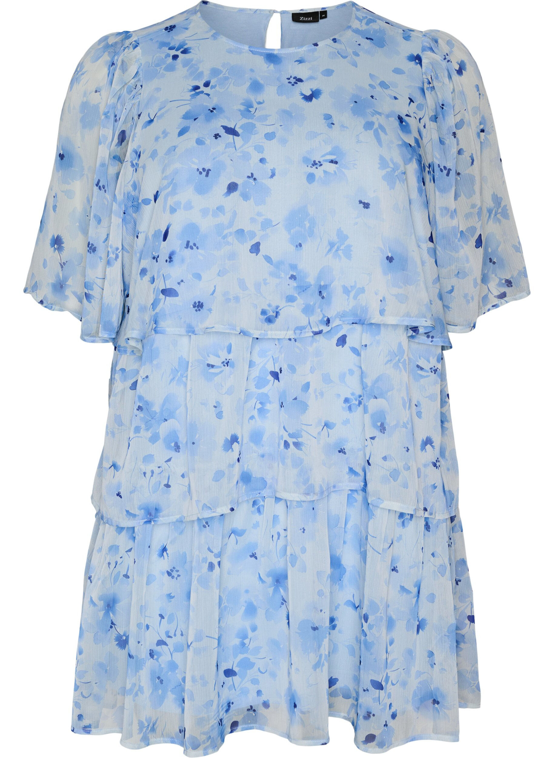 Zizzifashion Short chiffon-look dress with floral print and ruffle layers, Blue, Packshot image number 0