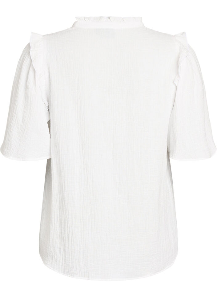 Blouse in cotton muslin with broderie anglaise and 1/2 sleeves, White, Packshot image number 1