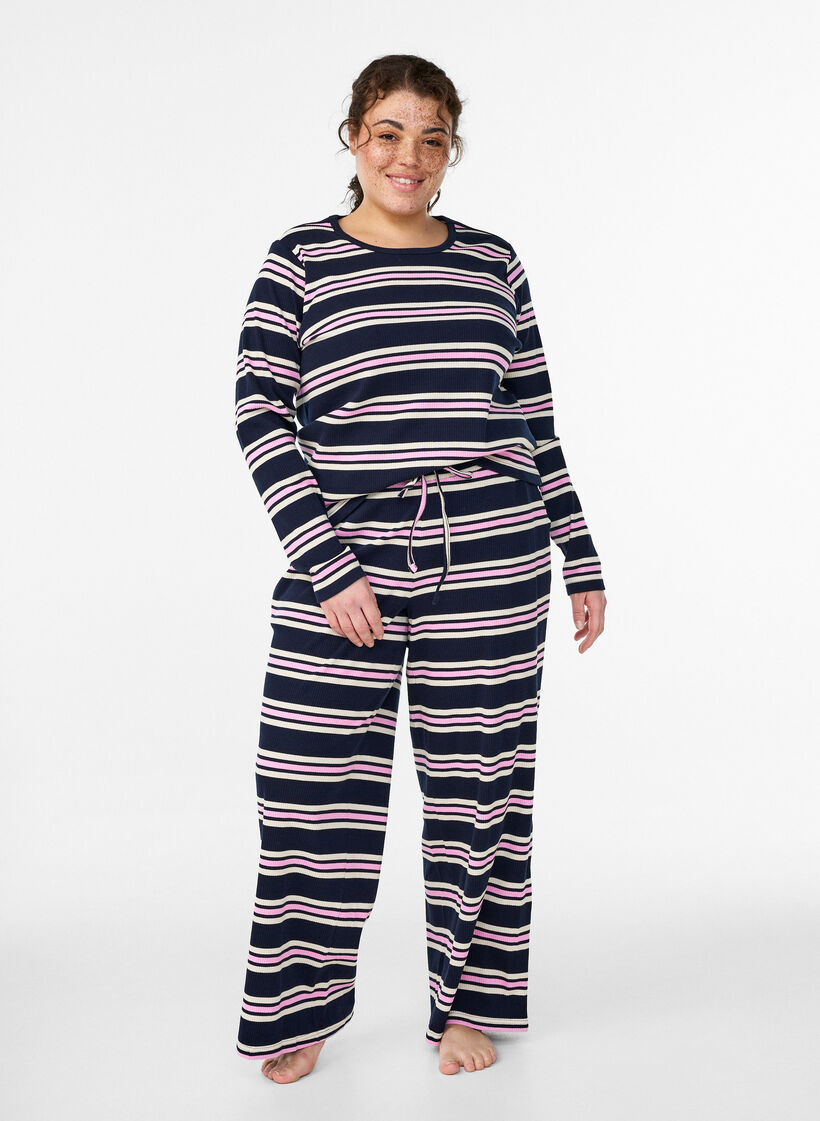 Long-sleeved night top in ribbed jersey with stripes, Blue, Model