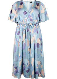 Short sleeve satin dress with print and tie
