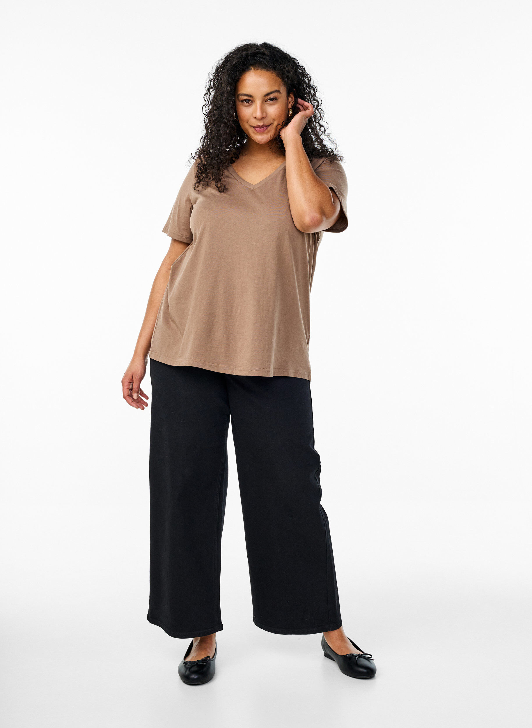 Zizzifashion FLASH - V-neck T-shirt, Brown, Model image number 1