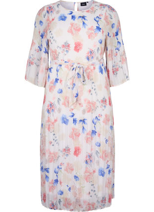 Floral pleated dress with drawstring, White/Blue Floral, Packshot image number 0